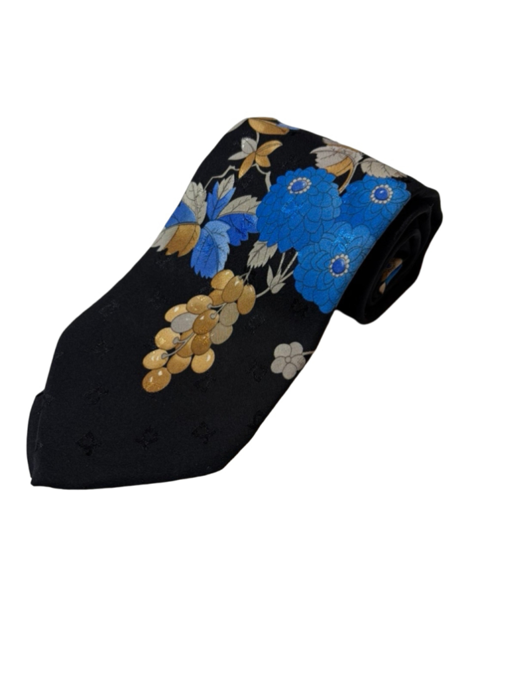 Vintage Leonard Paris Silk Tie Black Blue Floral Grape Jacquard Designer